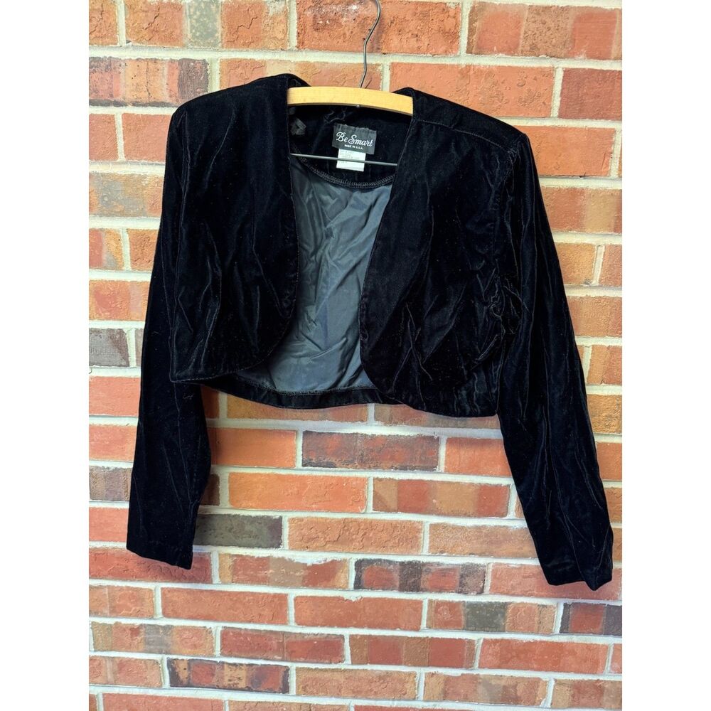 Vintage Be Smart Black Velvet Cropped Open Bolero Jacket M